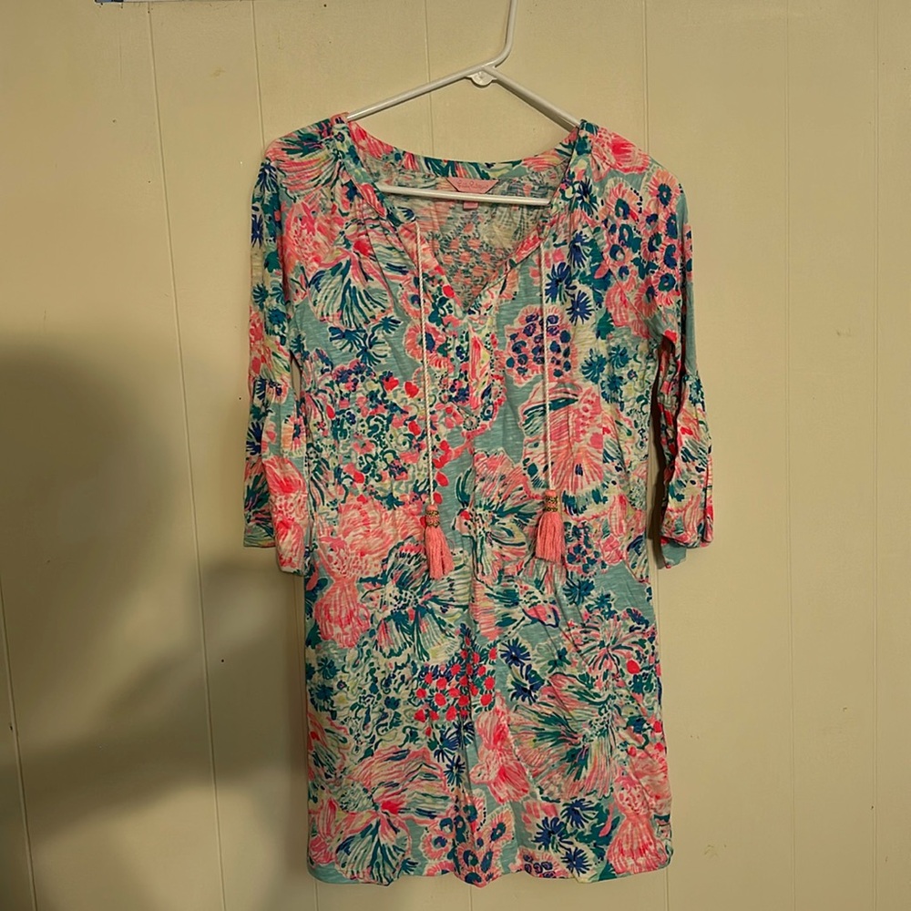 Lili Pulitzer extra small pink floral cotton 3/4 sleeve cover up or dress
